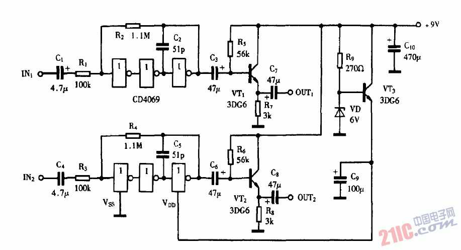 如何辨別CD4069在電路圖中符號表明的引腳